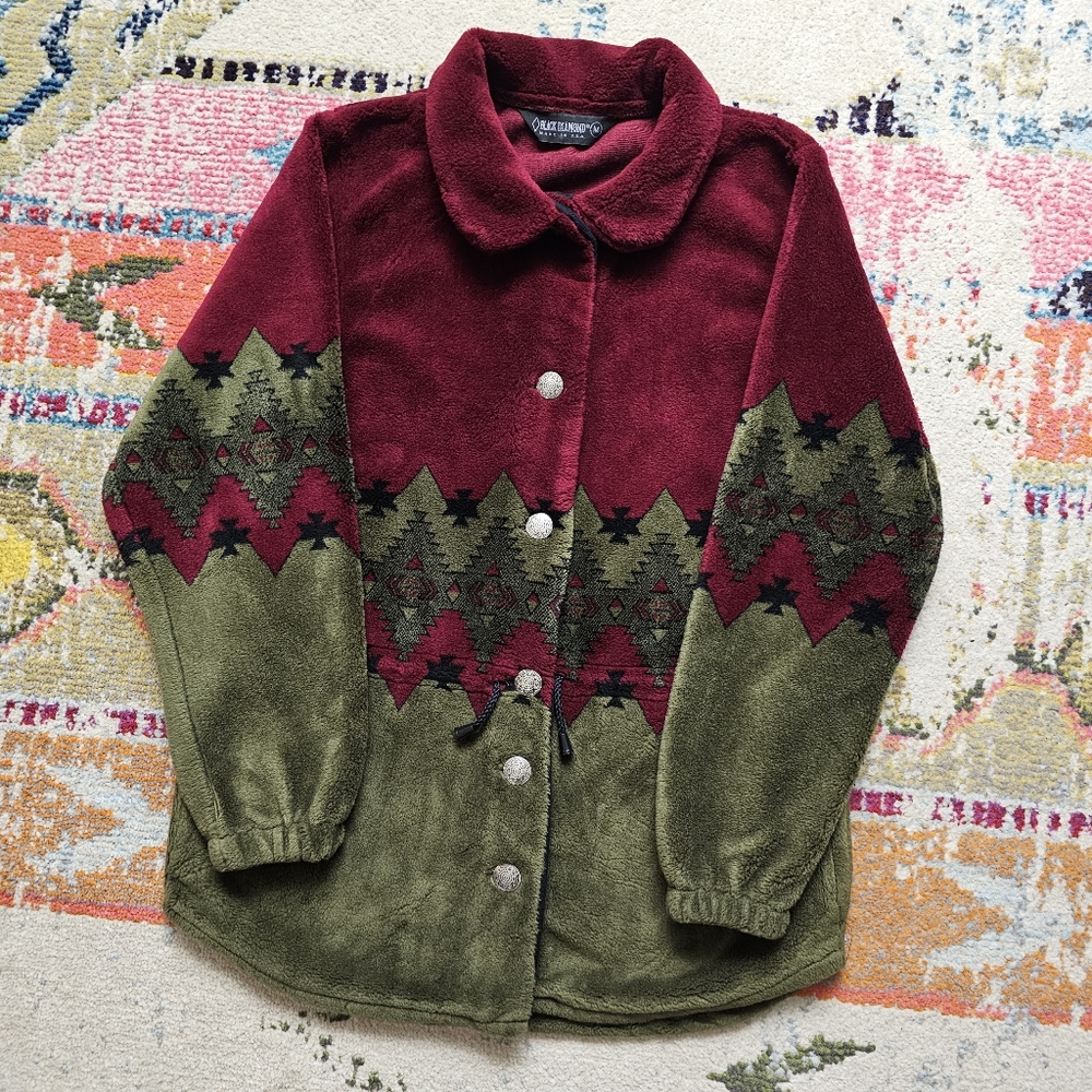 Black Diamond Womens Medium Cranberry Fleece Aztec Button Jacket Cardigan USA